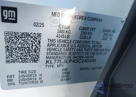 2025 Chevrolet Trax Fwd 2Rs from USA, damaged, VIN KL77LJEP4SC240345